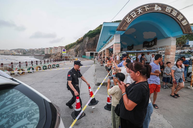 The coastal area is cordoned off ahead of Typhoon Bavi’s expected arrival in Shitang town of Wenling city, eastern China’s Zhejiang Province. Photograph: Xu Yu/Xinhua News Agency/AP