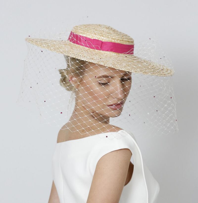 Straw boater with beekeeper veil and crystal embellishment by Aoife Harrison €300.