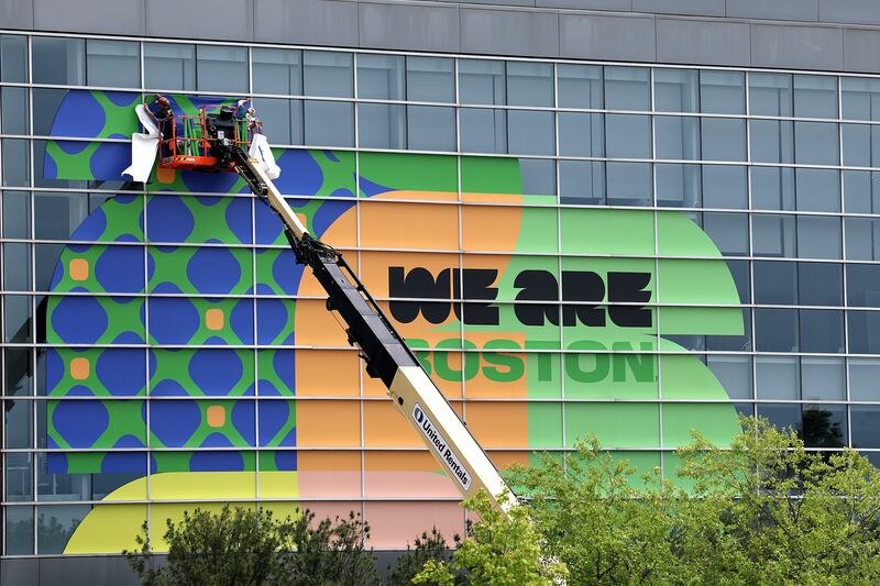 Preparations last month around the Gillette Stadium in Foxborough, Massachussets, as the signage is transitioned to become Boston Stadium in advance of the World Cup. Photograph: Maddie Meyer/Getty Images