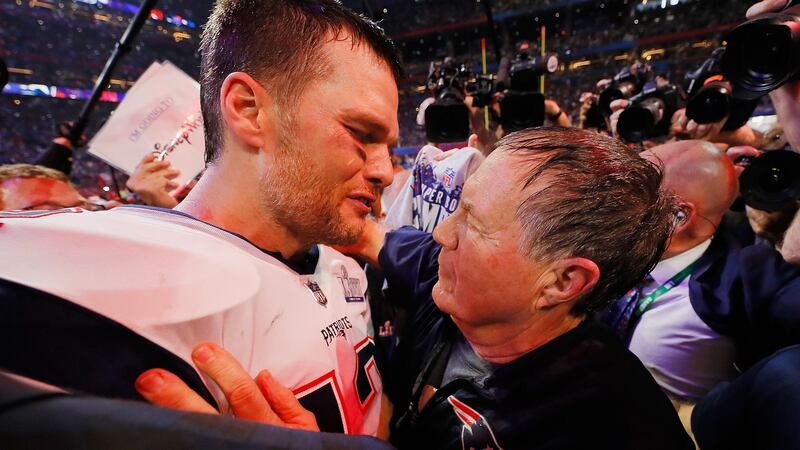 Tom Brady talks to New England Patriots  head coach Bill Belichick after the victory over the Los Angeles Rams in Super Bowl 53 at the Mercedes-Benz Stadium in Atlanta, Georgia on February 3rd, 2019. Photograph:  Kevin C Cox/Getty Images
