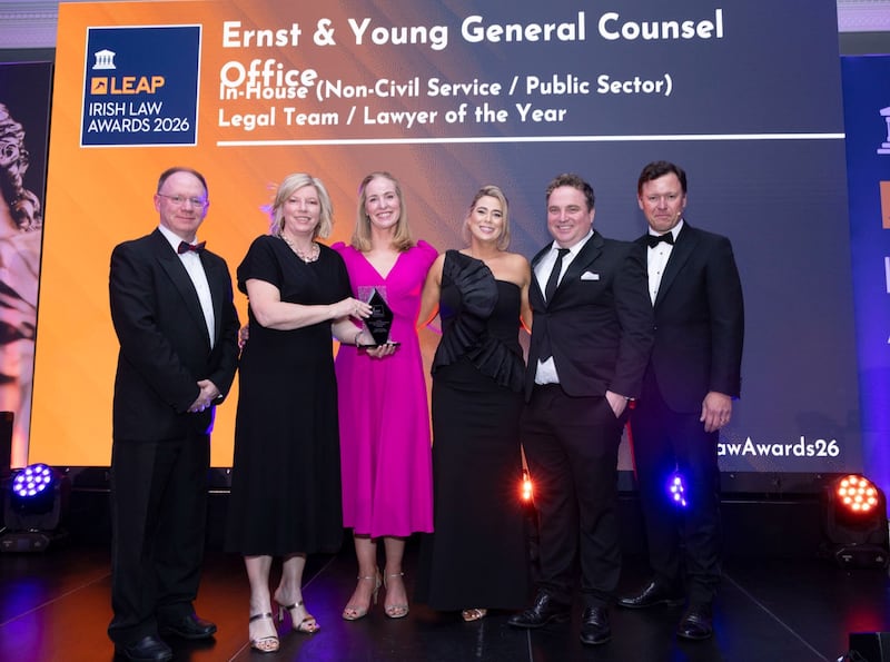 Richard Hammond, solicitor and partner at Hammond Good and chair of the judging panel of the Leap Irish Law Awards; Gillian Fischer, deputy general counsel at EY; Elizabeth Mara, employment counsel at EY; Gemma O’Meara, legal counsel at EY; Michael Salley, legal counsel at EY; and Anton Savage, MC of the night. Photograph: Paul Sherwood