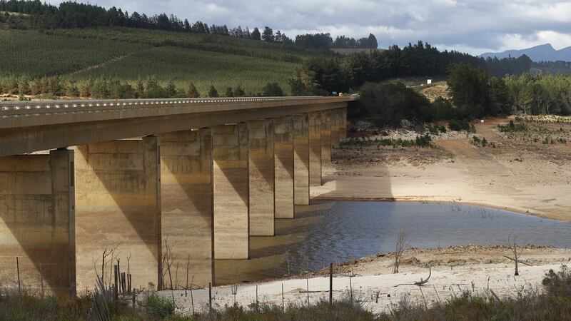 The critically low Theewaterskloof Dam in Villiersdorp, South Africa,  the single biggest dam supplying water to the metropolis of Cape Town. ‘Day Zero’, when the water runs out in the city, is estimated to be April 20th. Photograph: Nic Bothma/EPA