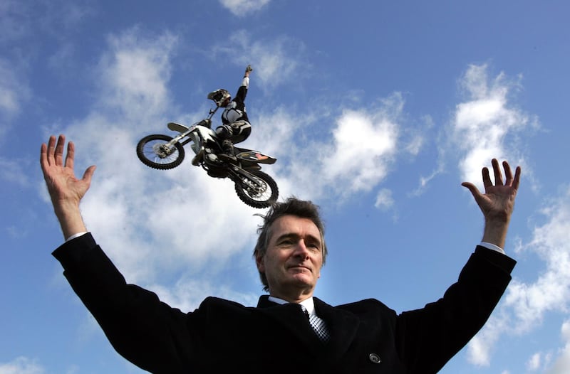 Henry Mount Charles below a motorbike stunt rider to announce details of the Red Bull X-Fighters World Series. Photograph: Eric Luke/The Irish Times