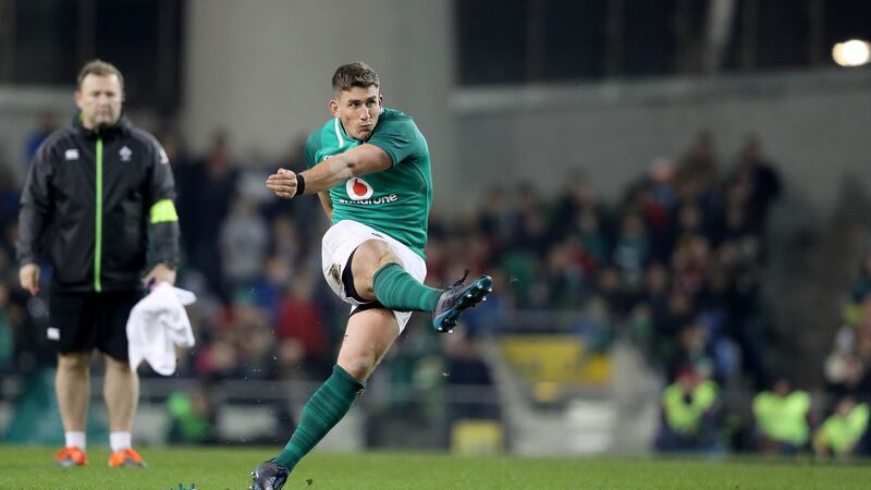 Ireland’s Ian Keatley kicks a penalty in the second half of the game against Fiji. Photograph: Dan Sheridan/Inpho