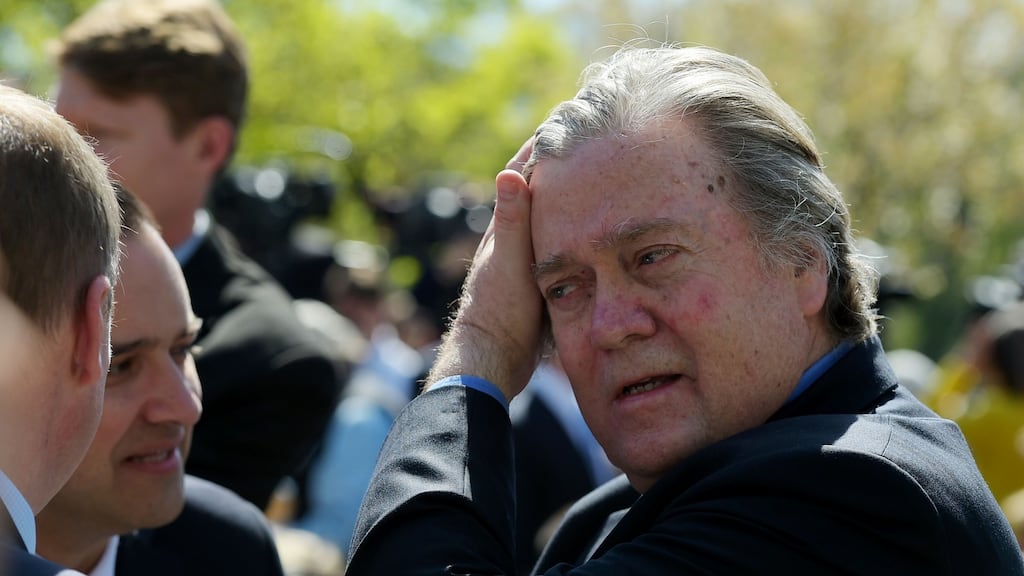 Trump strategist Stephen Bannon is seen in the White House’s Rose Garden, in Washington, DC. Photograph: Mandel Ngan/AFP/Getty Images