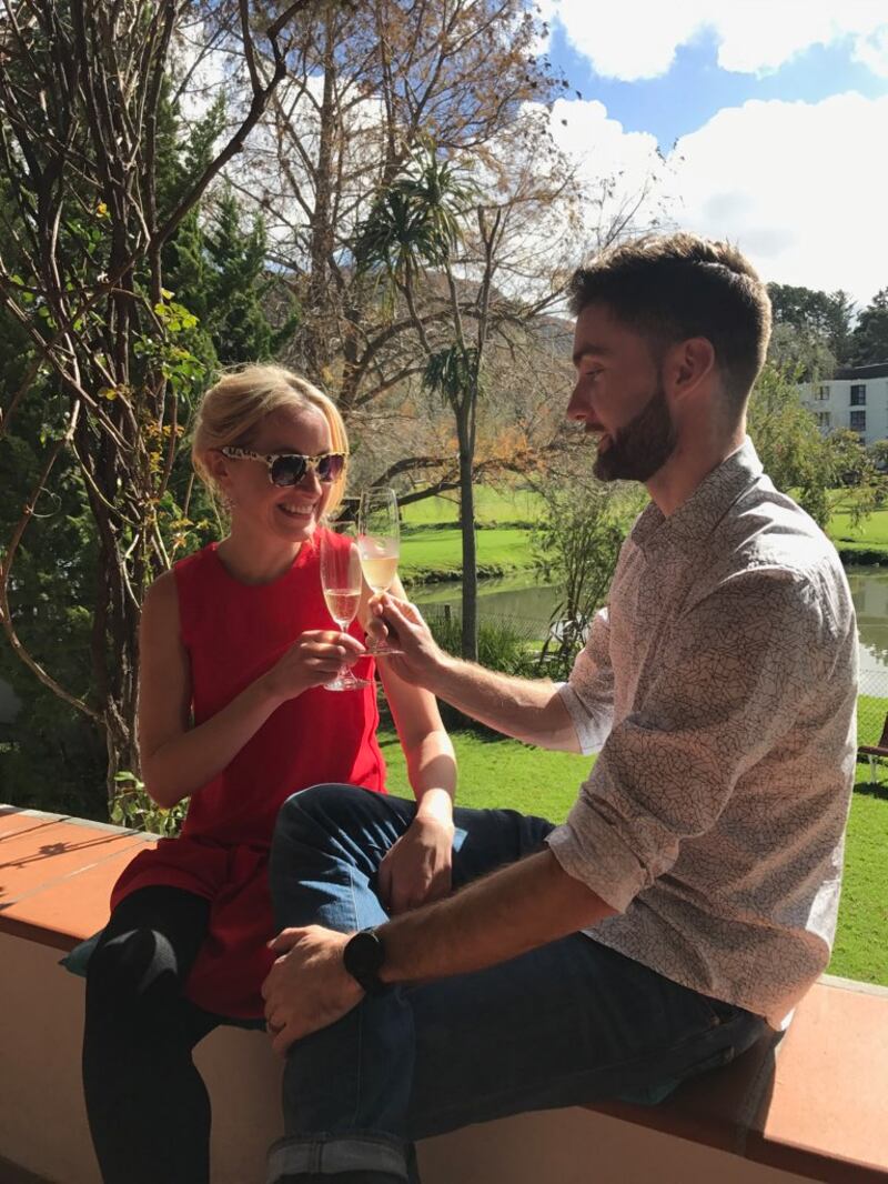 Helen Greene and her husband John enjoying some sparkling wine at High Constantia Wine Cellar, Cape Town