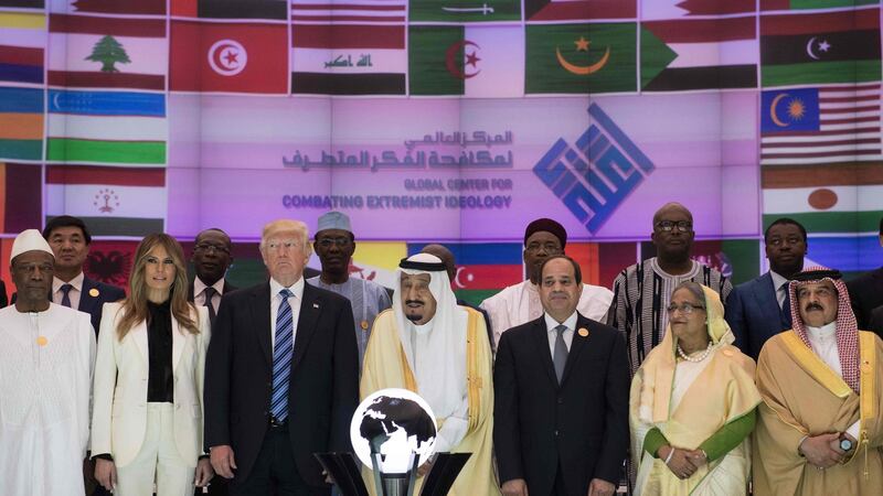 US President Donald Trump, US First lady Melania Trump, Saudi Arabia’s King Salman bin Abdulaziz al-Saud, and Egypt’s President Abdel Fattah el-Sisi  pose for a group photo during the inauguration of the Global Center for Combating Extremist Ideology in Riyadh. Photograph: Mandel Ngan/AFP/Getty Images