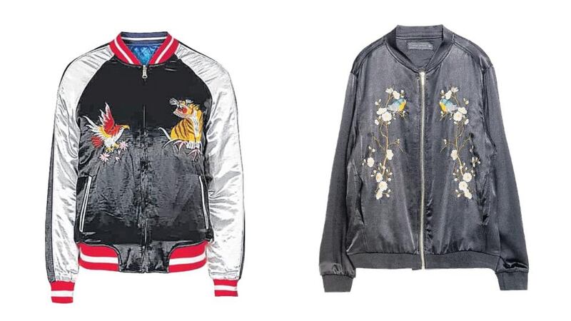 From left, Topshop reversible embroidered jacket, €117; Zara reversible embroidered jacket, €69.95