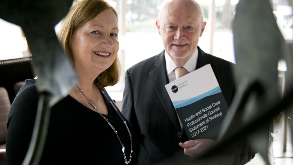 Ginny Hanrahan, CEO CORU and Prof Bernard McCartan, chair of the organisation’s Health and Social Care Professionals Council. Photograph: Colm Mahady/Fennell Photography