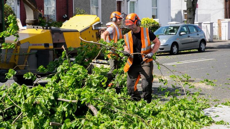 Fallen trees are removed from Clonliffe Road in Dublin following strong winds on Friday.  Photograph: Gareth Chaney/Collins