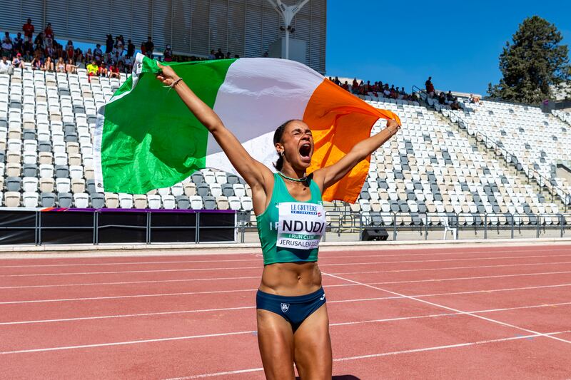 Ireland's Elizabeth Ndudi celebrates after winning the long jump final at the European Athletics Under-20 Championships in Jerusalem. Photograph: Jurij Kodrun/Getty Images for European Athletics