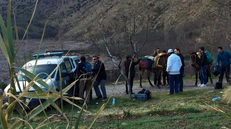 Police at the area where the bodies of the two Scandinavian women were found, near Imlil in the High Atlas mountains. Photograph: AP
