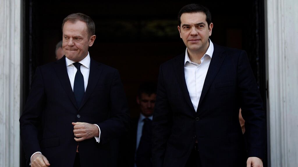 President of the European Council Donald Tusk and Greek prime minister Alexis Tsipras after a meeting at the Maximos Mansion in Athens. Photograph: Alexandros Vlachos/EPA