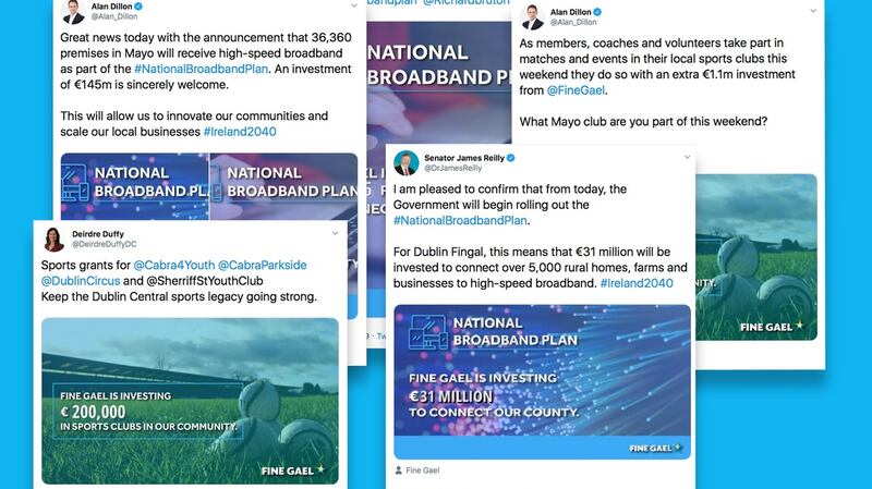 Social media posts from party members said it was Fine Gael not the Government that was investing in local communities. Graphic: Paul Scott/The Irish Times