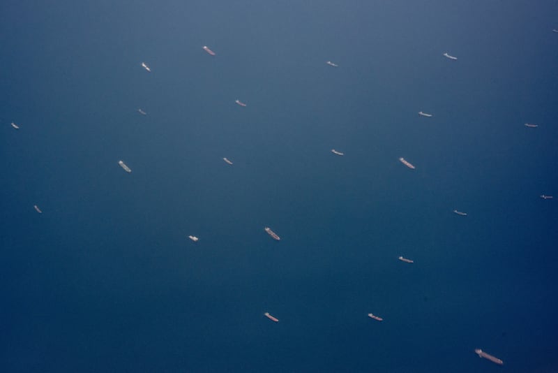 Ships anchored near the Strait of Hormuz on Monday. Photograph: Tomas Munita/The New York Times
                      