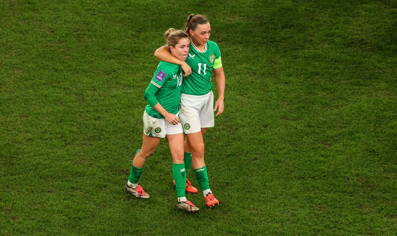 Ireland’s Katie McCabe and Denise O’Sullivan after the game. Photograph: Nick Elliott/Inpho