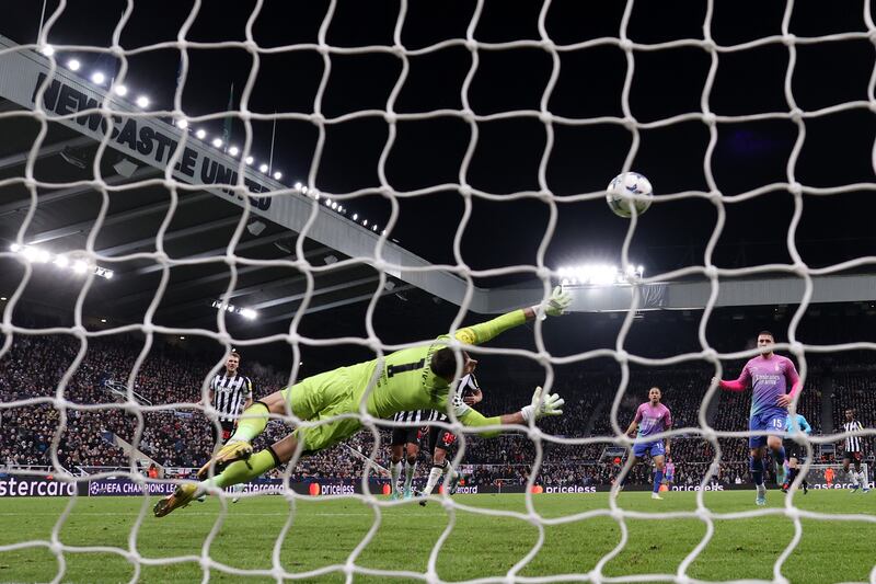 Martin Dubravka of Newcastle United fails to save a shot from Samuel Chukwueze of AC Milan. Photograph: Michael Steele/Getty Images