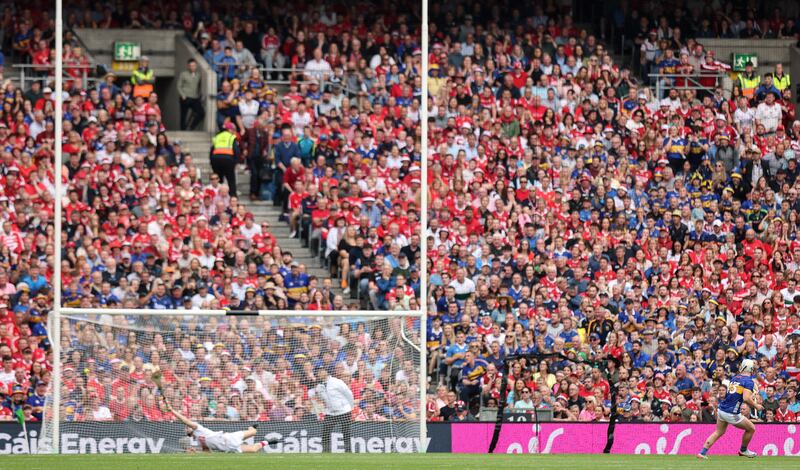 Tipperary's Darragh McCarthy scores a penalty. Photograph: Ryan Byrne/Inpho