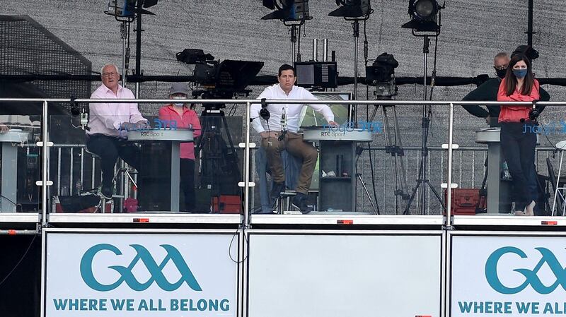Pat Spillane, Seán Cavanagh and presenter Joanne Cantwell on the RTÉ studio at Croke Park during the All-Ireland semi-final between Kerry and Tyrone. Photograph: James Crombie/Inpho