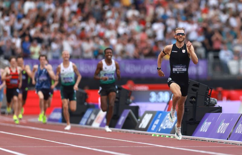 Josh Kerr of Britain in action in the mile event at the Diamond League meeting in London in London. Photograph: EPA