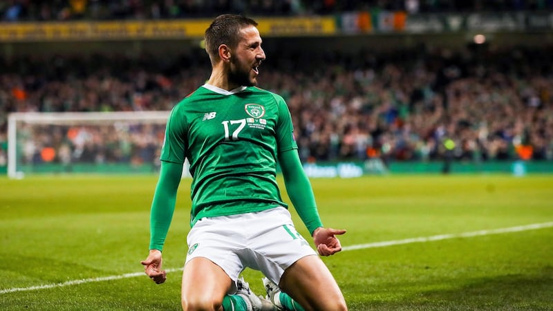 Conor Hourihane celebrates scoring the Republic of Ireland’s winning  goal against Georgia. The midfielder’s pathway to the national team has been a long, winding road. Photograph:  Ryan Byrne/Inpho