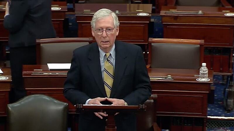 A screengrab from a live broadcast  showing Senate minority leader Mitch McConnell, addressing the Senate, following the acquittal of former United States president Donald J Trump in Mr Trump’s second impeachment trial, in the Capitol building in Washington, DC, US, on Saturday. Screengrab: Senate TV/EPA