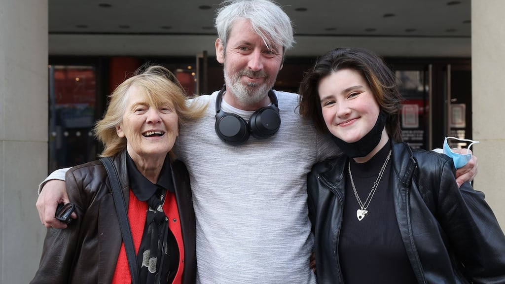 Theatregoers Phyl O’Farrell, Rian O’Farrell and Fay O’Farrell from Walkinstown, Dublin looking forward to the Abbey show on Monday evening. Photograph Nick Bradshaw for The Irish Times