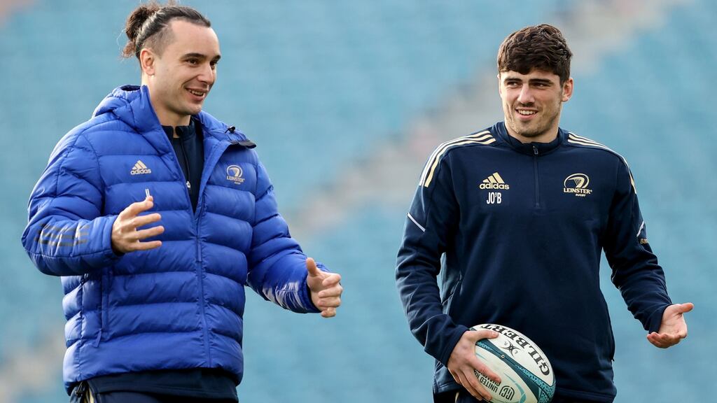 James Lowe and Jimmy O’Brien ahead of Leinster’s game against Ospreys at the RDS. The two are called up for Ireland’s game against Italy on Sunday. Photograph: Dan Sheridan/Inpho