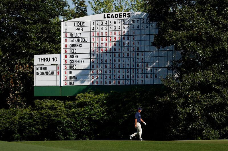 Bryson DeChambeau on the 11th where he dropped two shots after going in the water. His Masters race looks run. Photograph: Harry How/Getty Images