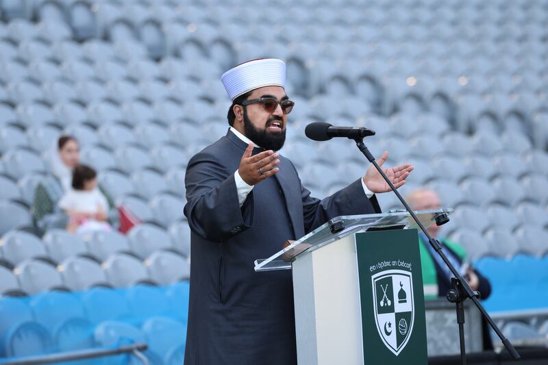 Imam Umar al-Qadri, speaking at the festival of Eid in Croke Park, Dublin. Photograph: Dara Mac Dónaill