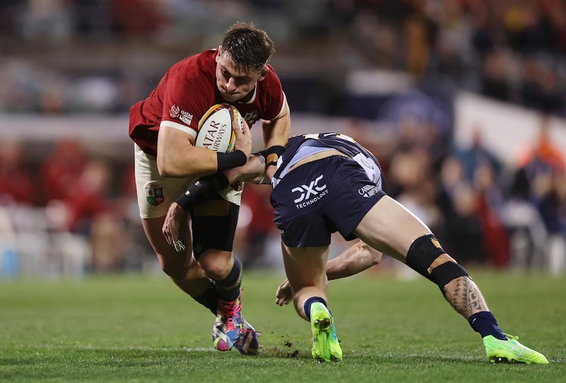 Dan Sheehan of British & Irish Lions is tackled during the tour match between ACT Brumbies and British & Irish Lions. Photograph: Mark Metcalfe/Getty