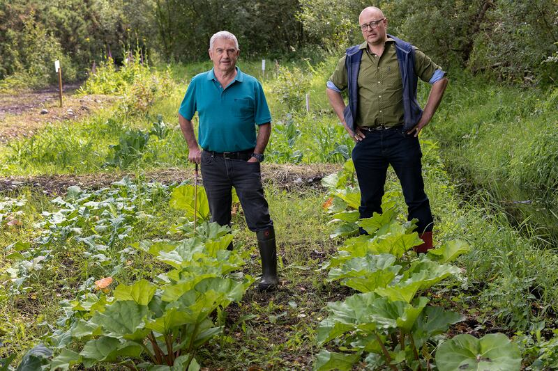 Donie Regan and Doug McMillan with some of the wetland crops including rhubarb and blueberries. Photograph: John D Kelly