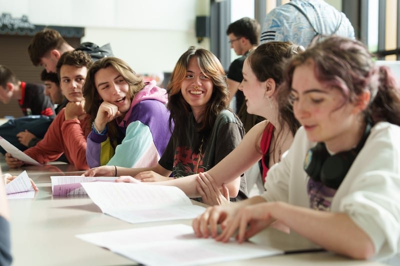 Tristan Beresford, Jasper Lavin, Meadhbh Malone and Julia Maher discuss their Leaving Cert English paper two at Belmayne Educate Together Secondary School in Dublin. Photograph: Fran Veale
