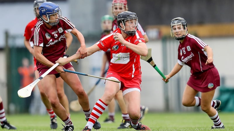 Cork’s Gemma O’Connor with Galway’s Niamh Kilkenny and Aoife Donohue. Photograph: Oisin Keniry/Inpho