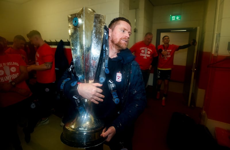 Damien Duff with the SSE Airtricity Premier Division trophy after his Shelbourne team clinched the 2024 title against Derry City at the Brandywell. Photograph: Stephen McCarthy/Sportsfile