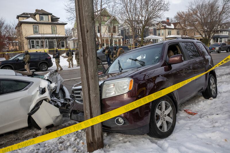 Renee Good's crashed vehicle with a bullet hole in the front windshield after she was shot by an immigration officer in Minneapolis, on Wednesday. Photograph: David Guttenfelder/The New York Times
                      