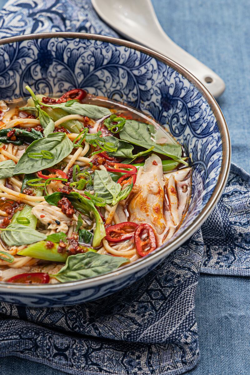 Mark Moriarty's hot and sour chicken noodle broth with Thai chilli and basil. Photograph: Harry Weir 
