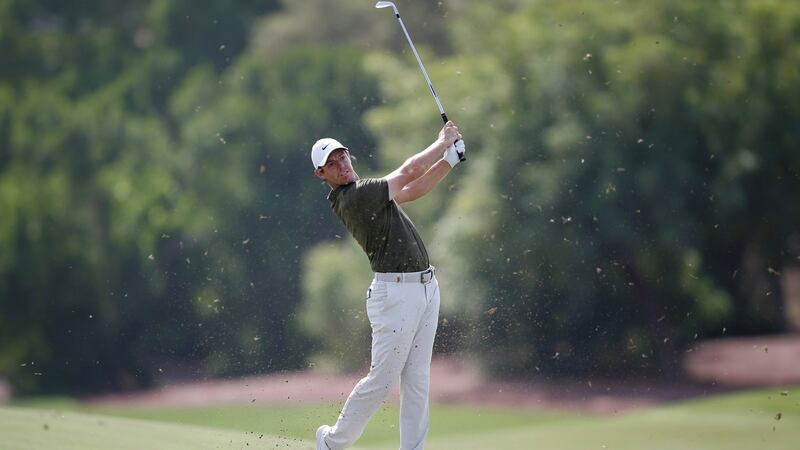 Rory McIlroy  hits a shot during the second round of the DP World Tour Championship at Jumeirah Golf Estates in Dubai. Photograph: Ali Haider/EPA
