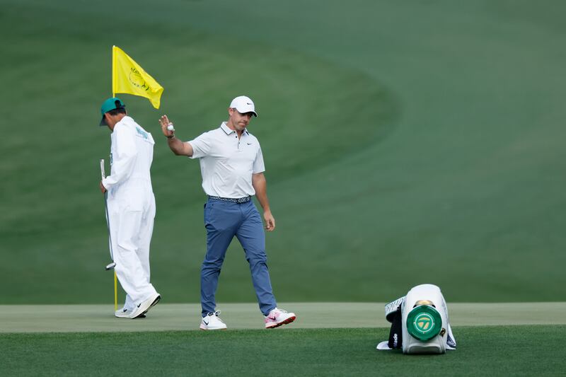 Rory McIlroy acknowledges the crowd following an eagle putt on the 15th green during the third round of the 2025 Masters Tournament at Augusta National Golf Club. Photo: Harry How/Getty Images