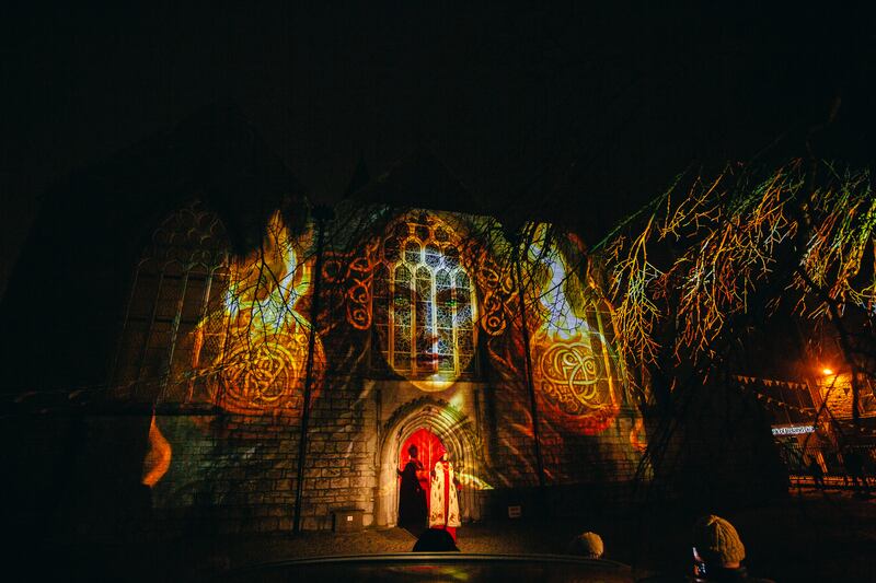 Brigid by Jef O'Riordan projected onto St Nicholas church as part of the Herstory Light Show in Galway on Friday. Photograph: Steve O'Connor