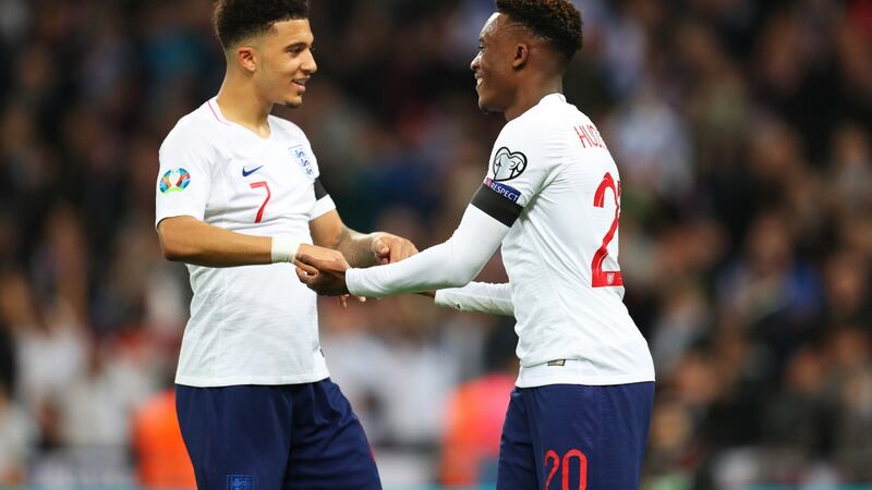 Jadon Sancho and Callum Hudson-Odoi during England’s win at Wembley. Photograph: Catherine Ivill/Getty