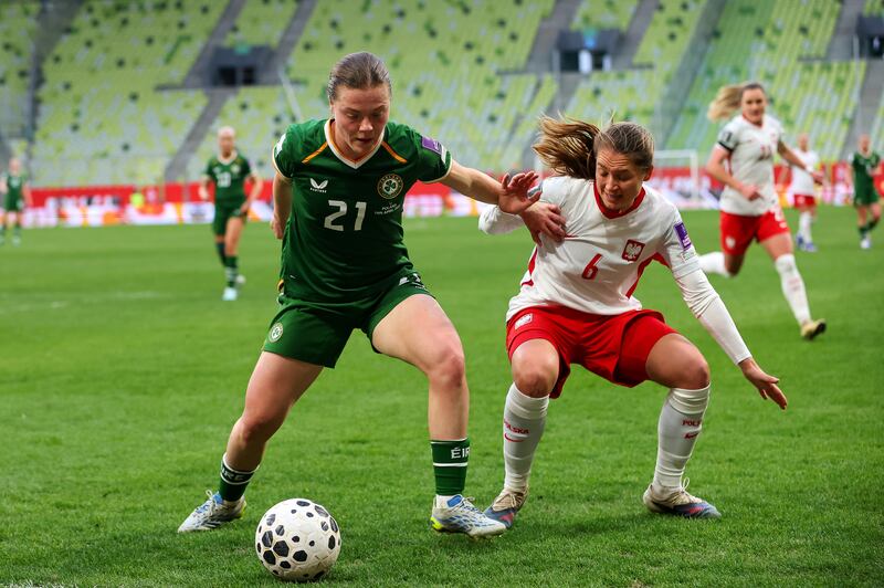 Ireland's Emily Murphy holds off Poland's Aleksandra Zaremba during Tuesday's World Cup qualifier in Gdansk. Photograph: Ryan Byrne/Inpho