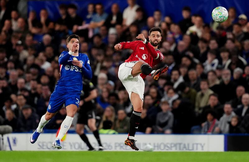 Manchester United's Bruno Fernandes takes a shot under pressure from Chelsea's Pedro Neto. Photograph: John Walton/PA