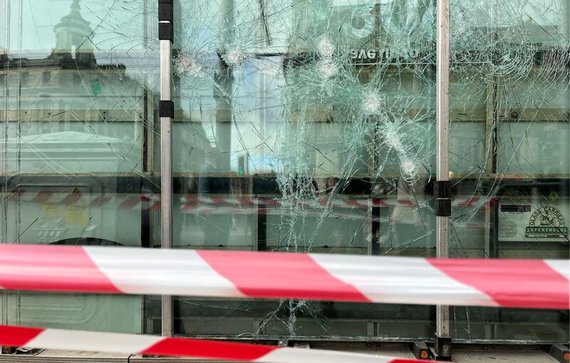 Broken windows at the Asics shop near the Spire on O’Connell Street. Photograph: Chris Maddaloni