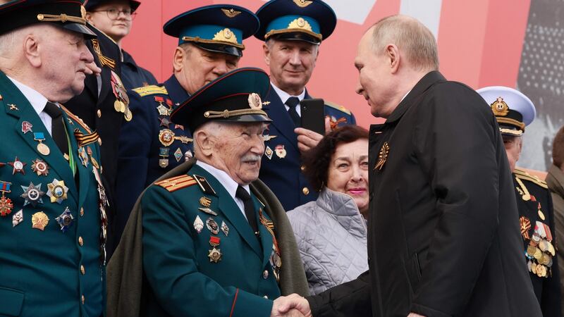 Russian president Vladimir Putin greets veterans as he arrives to watch the Victory Day military parade at Red Square in central Moscow. Photograph:  Mikhail Metzel/Sputnik/AFP via Getty Images
