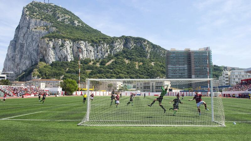 Lincoln Red Imps FC and College Europa FC’s players take part in the Gibraltar Cup final football match at the Victoria Stadium in Gibraltar on May 10th, 2014. Photograph: Getty Images