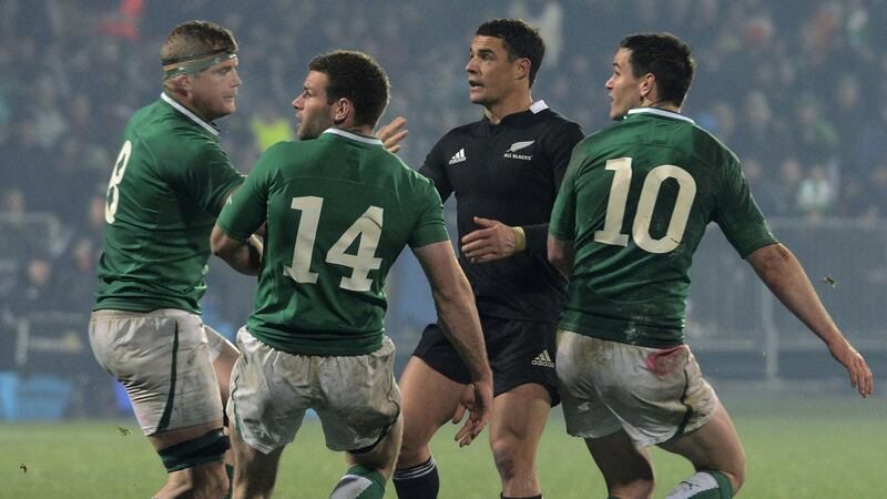 Ireland’s Jamie Heaslip, Fergus McFadden and Jonathan Sexton watch as New Zealand’s Dan Carter scores a match-winning drop goal in  Christchurch in 2012. Photograph: Anthony Phelps/Reuters