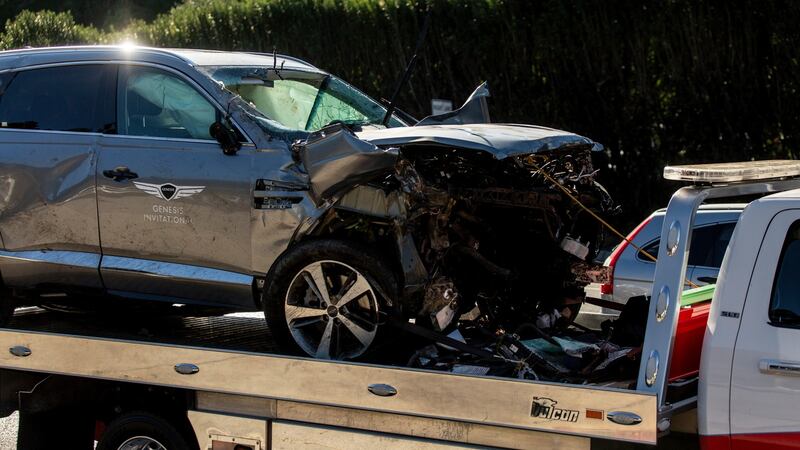 The wreckage of the car Tiger Woods was driving when he crashed in Rancho Palos Verdes in California back in February. Photograph: Allison Zaucha/The New York Times