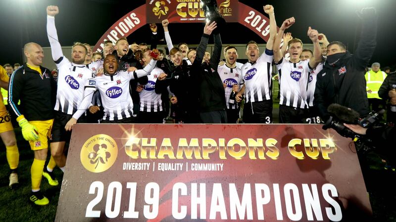Dundalk celebrate their win over Linfield in The Unite the Union Champions Cup. Photograph: Ryan Byrne/Inpho