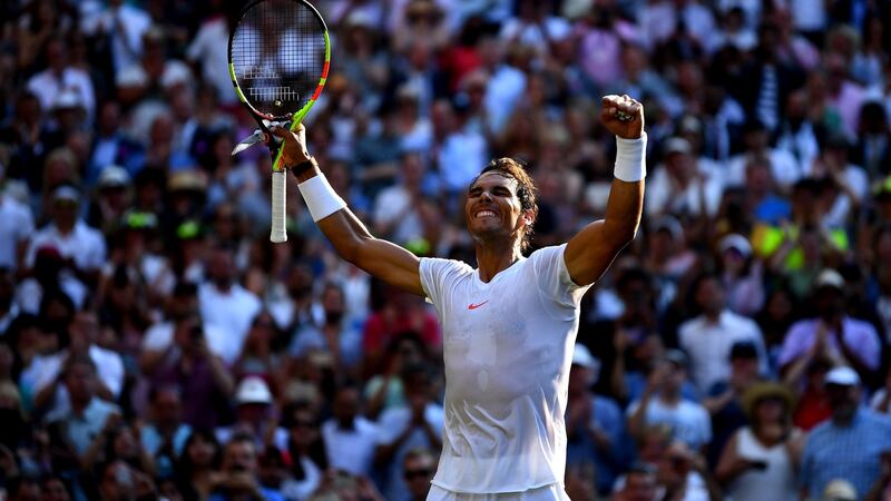 Rafael Nadal  celebrates winning his men’s singles fourth-round match against Jiri Vesely at Wimbledon. Photograph:  Clive Mason/Getty Images